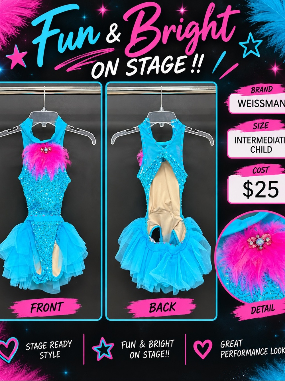 Weissman Blue Dance Costume with Pink Feather Accent